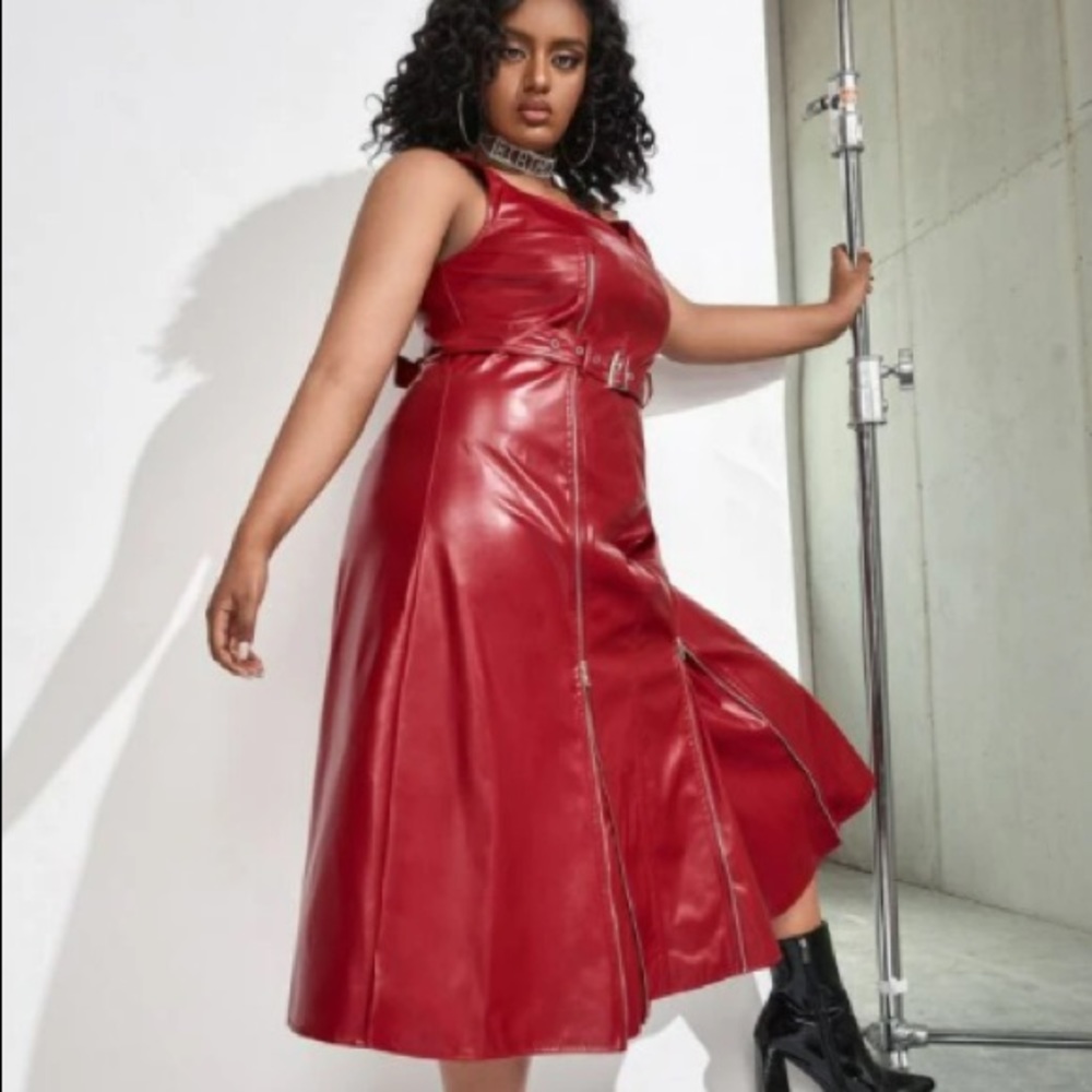 Plus Straps Neck PU Red Leather Dress - Size 16 - SHEIN